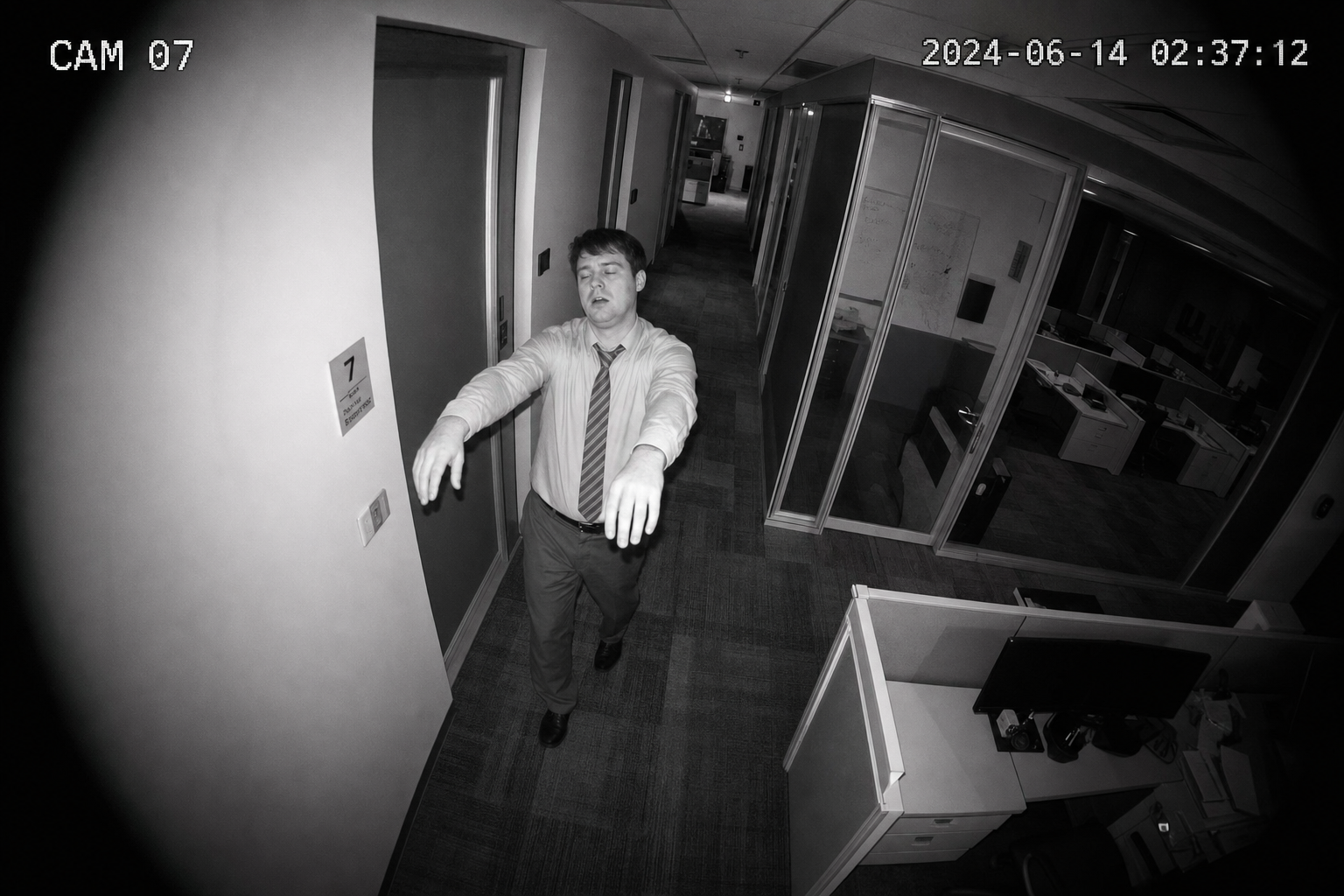 Caméra de surveillance en noir et blanc d'un homme en somnambulisme dans un couloir de bureau